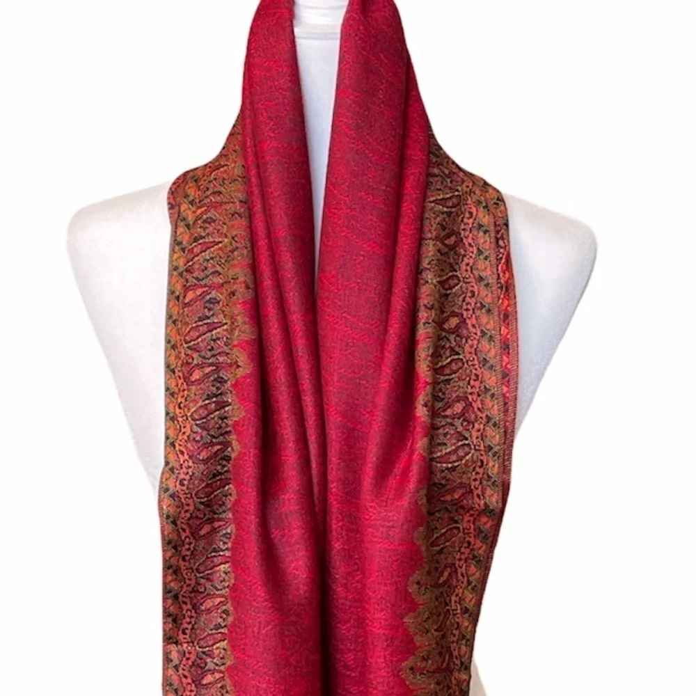 RED Pashmina Style Border Pattern Scarf/ Shawl NEW
